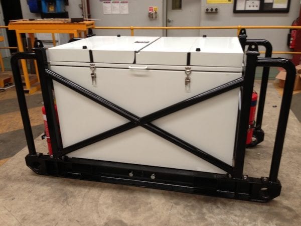 Self contained refueling unit for remote equipment via crane lift and/or forklift.