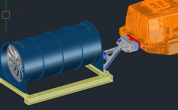 3D drawing showing close up of Goldmont designed tow kit for underground loader while in use.