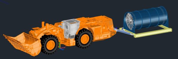 3D drawing showing underground loader towing industrial fan on a sled using Goldmont designed and certified tow kit for underground loader